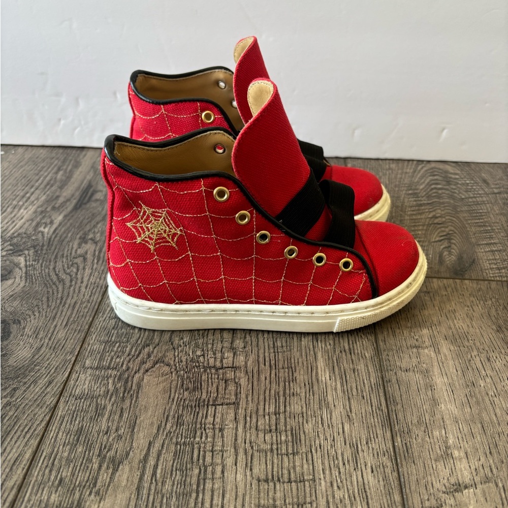 Charlotte Olympia Red Kids Sneakers with Gold Web